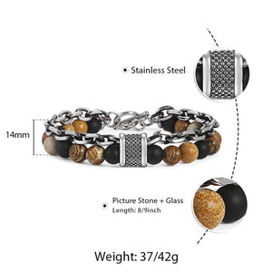 Natural Map Stone Men's / Women's Beaded Bracelet  Stainless Steel