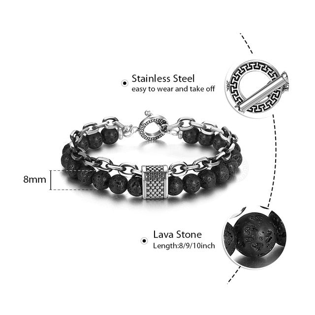 Natural Map Stone Men's / Women's Beaded Bracelet  Stainless Steel