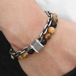 Natural Map Stone Men's / Women's Beaded Bracelet  Stainless Steel