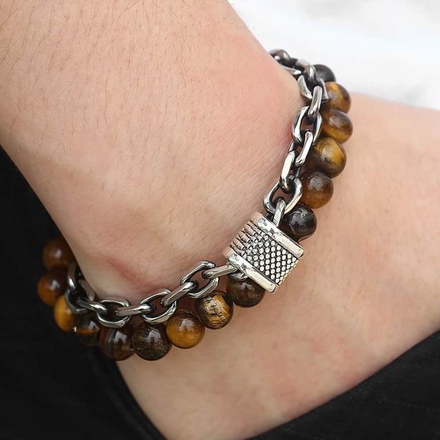 Natural Map Stone Men's / Women's Beaded Bracelet  Stainless Steel