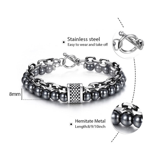 Natural Map Stone Men's / Women's Beaded Bracelet  Stainless Steel