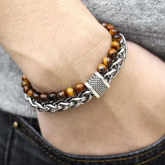 Natural Map Stone Men's / Women's Beaded Bracelet  Stainless Steel