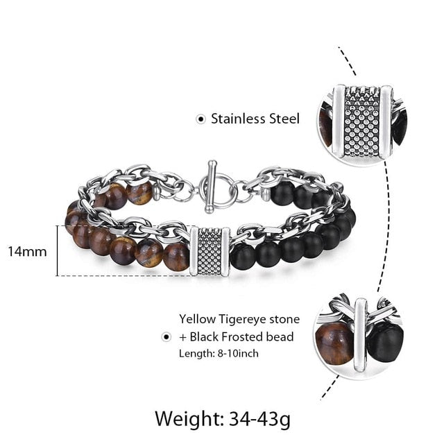 Natural Map Stone Men's / Women's Beaded Bracelet  Stainless Steel