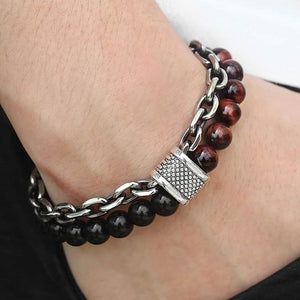 Natural Map Stone Men's / Women's Beaded Bracelet  Stainless Steel