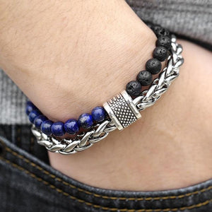 Natural Map Stone Men's / Women's Beaded Bracelet  Stainless Steel