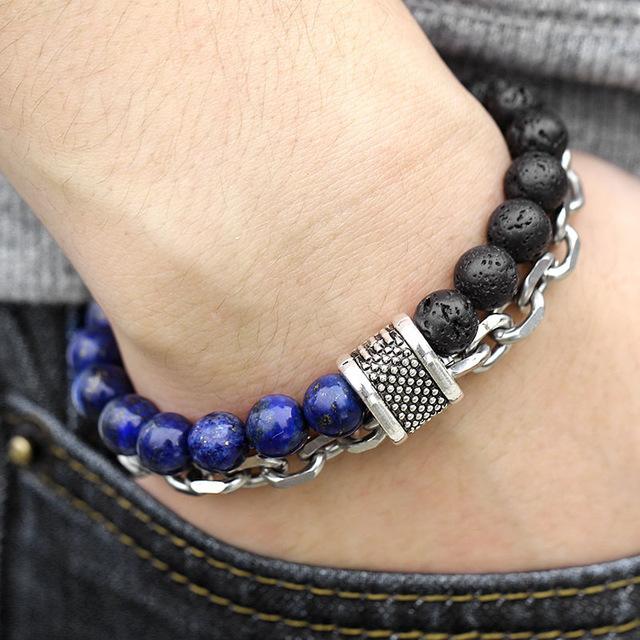 Natural Map Stone Men's / Women's Beaded Bracelet  Stainless Steel