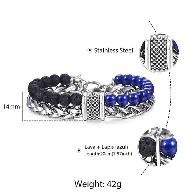 Natural Map Stone Men's / Women's Beaded Bracelet  Stainless Steel