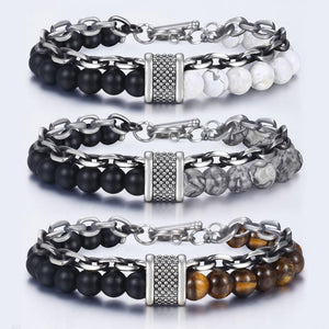 Natural Map Stone Men's / Women's Beaded Bracelet  Stainless Steel