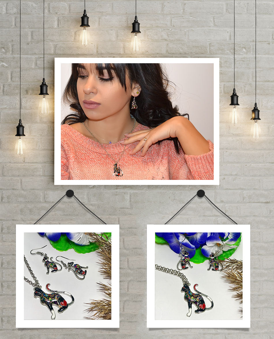 Elegant Sitting Kitten Earrings and Necklace Jewelry Sets