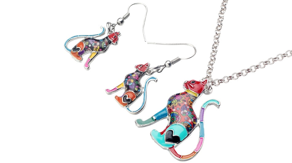 Elegant Sitting Kitten Earrings and Necklace Jewelry Sets