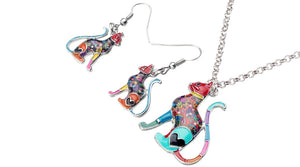 Elegant Sitting Kitten Earrings and Necklace Jewelry Sets