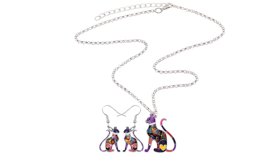 Elegant Sitting Kitten Earrings and Necklace Jewelry Sets
