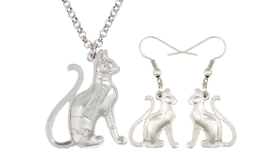 Elegant Sitting Kitten Earrings and Necklace Jewelry Sets