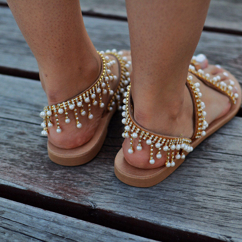 Women's flat pearl sandals comfortable string bead slippers