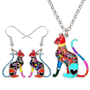 Elegant Sitting Kitten Earrings and Necklace Jewelry Sets