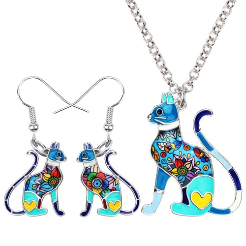 Elegant Sitting Kitten Earrings and Necklace Jewelry Sets
