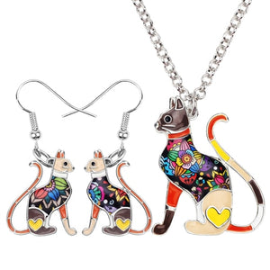 Elegant Sitting Kitten Earrings and Necklace Jewelry Sets