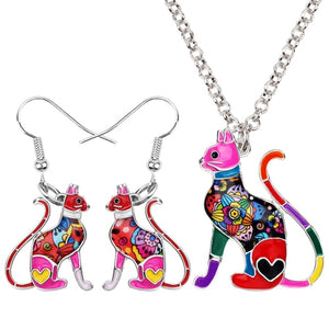 Elegant Sitting Kitten Earrings and Necklace Jewelry Sets