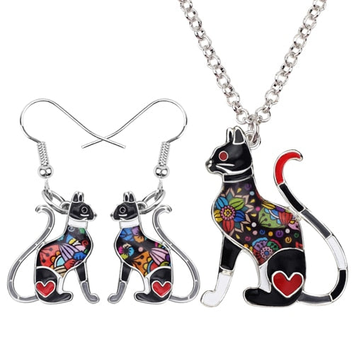 Elegant Sitting Kitten Earrings and Necklace Jewelry Sets