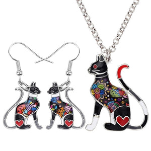 Elegant Sitting Kitten Earrings and Necklace Jewelry Sets