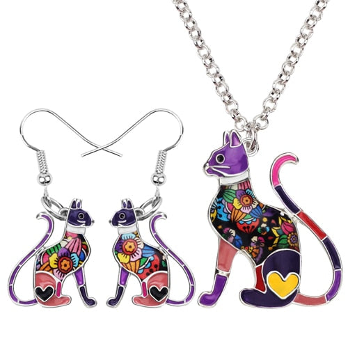 Elegant Sitting Kitten Earrings and Necklace Jewelry Sets