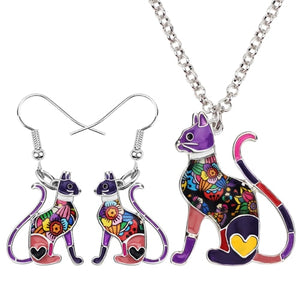 Elegant Sitting Kitten Earrings and Necklace Jewelry Sets
