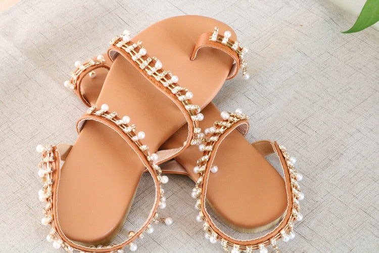 Women's flat pearl sandals comfortable string bead slippers